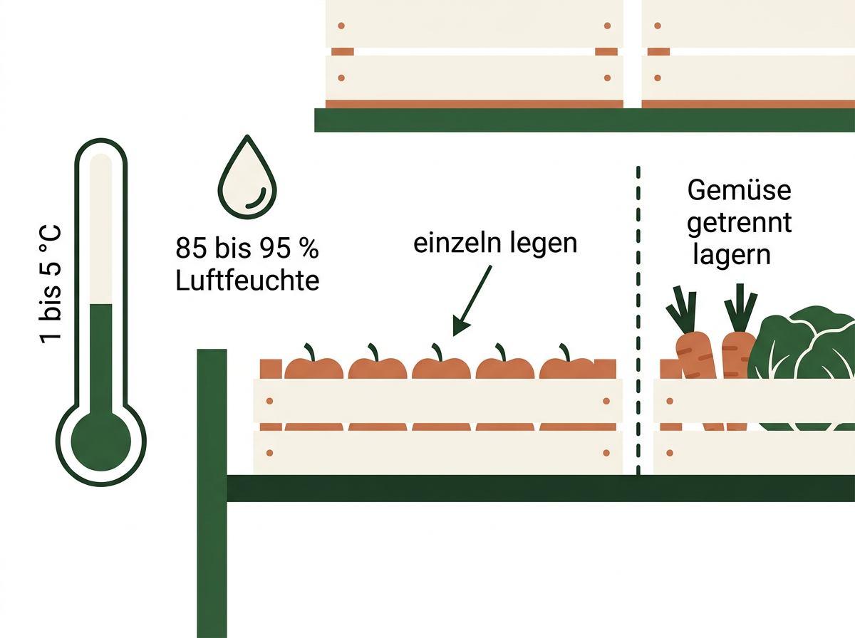 Die Grundregeln im Apfellager: kühl, feucht, einzeln und mit Abstand zum Gemüse.