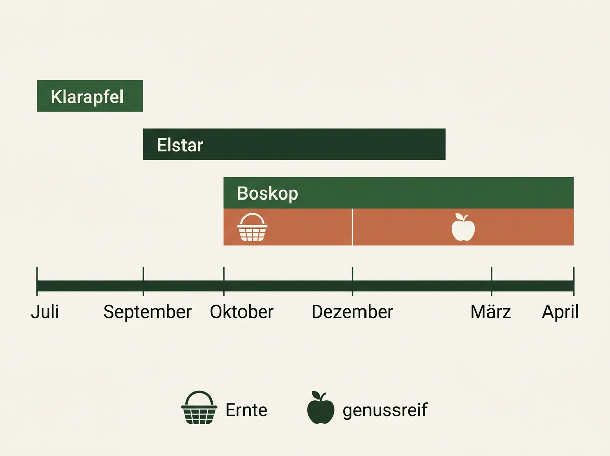 Von der Ernte bis zum letzten Lagerapfel: Sommeräpfel halten Tage, späte Sorten bis ins Frühjahr.