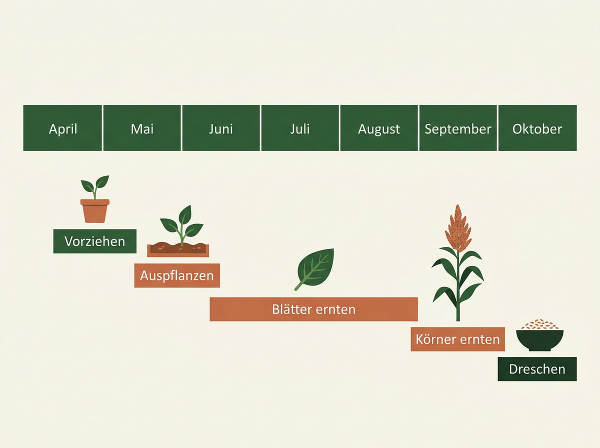Der Amaranth-Jahreslauf vom Vorziehen im April bis zum Dreschen im Oktober