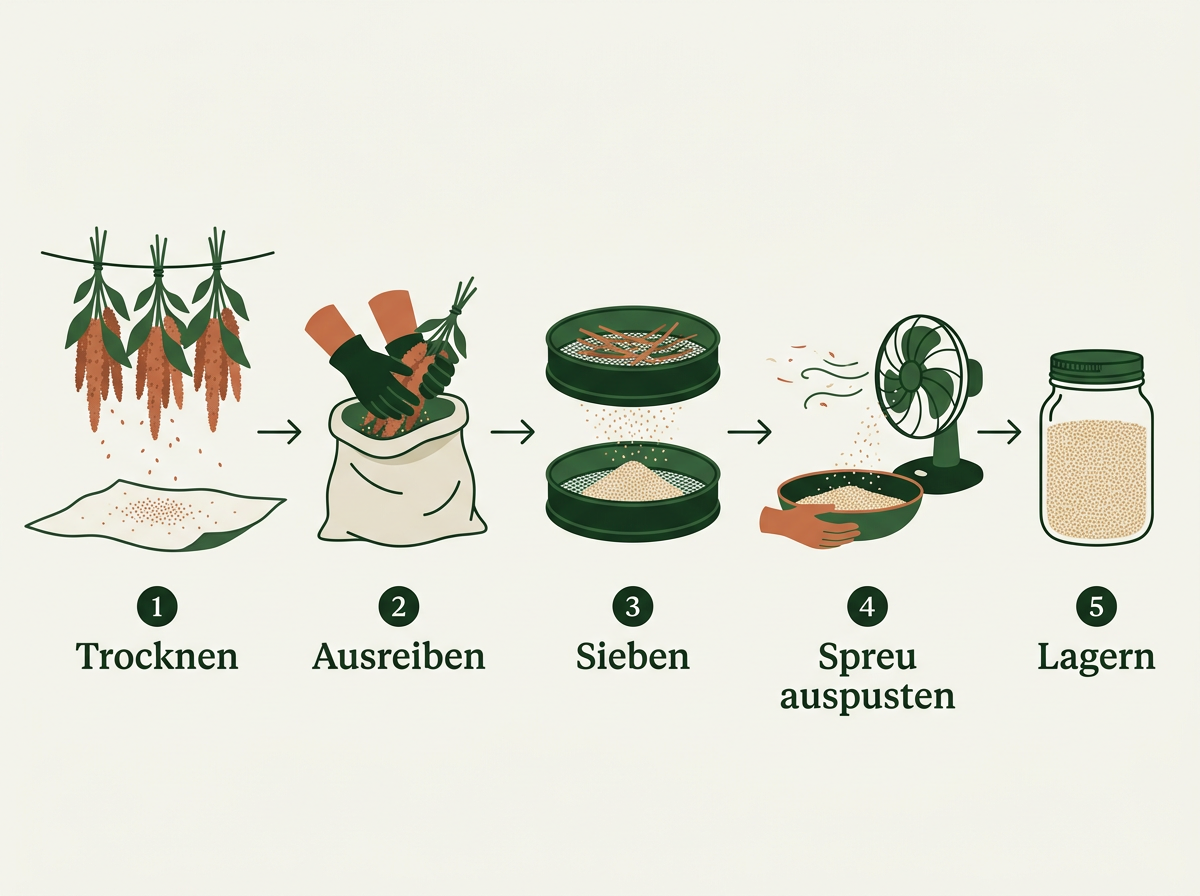Von der getrockneten Rispe zum sauberen Korn in fünf Schritten