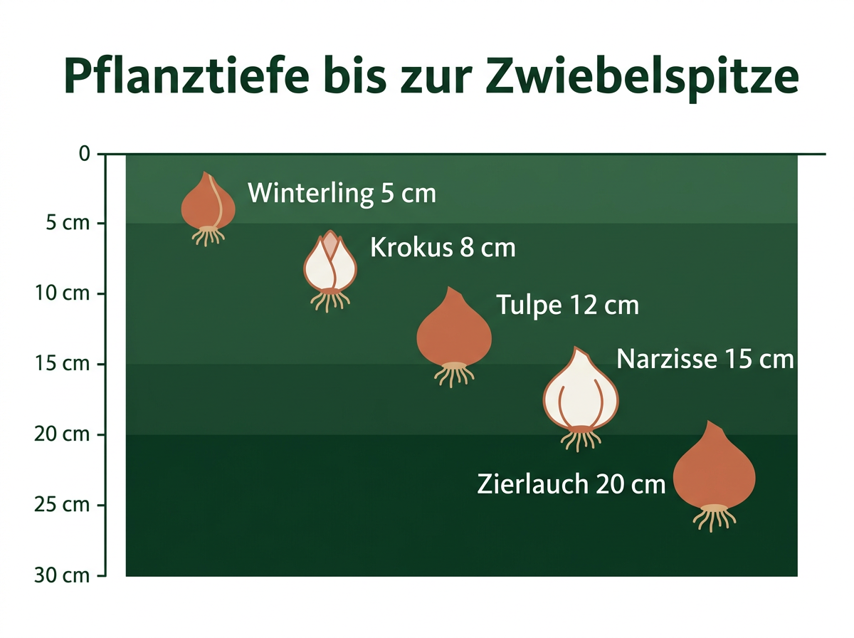 Pflanztiefen im Querschnitt: gemessen wird von der Bodenoberfläche bis zur Zwiebelspitze.