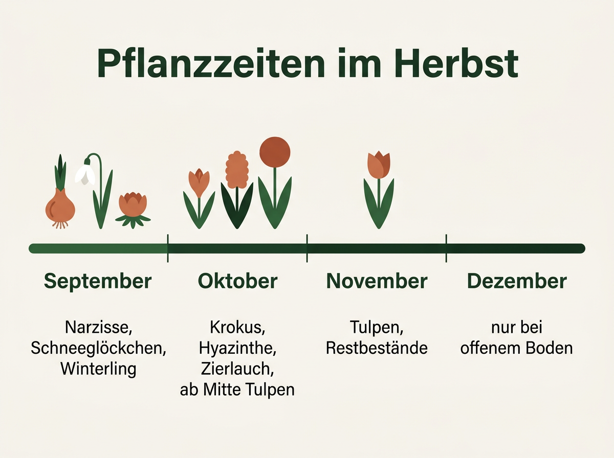 Zeitachse der Herbstpflanzung: früh blühende Arten im September, Tulpen erst nach Mitte Oktober.