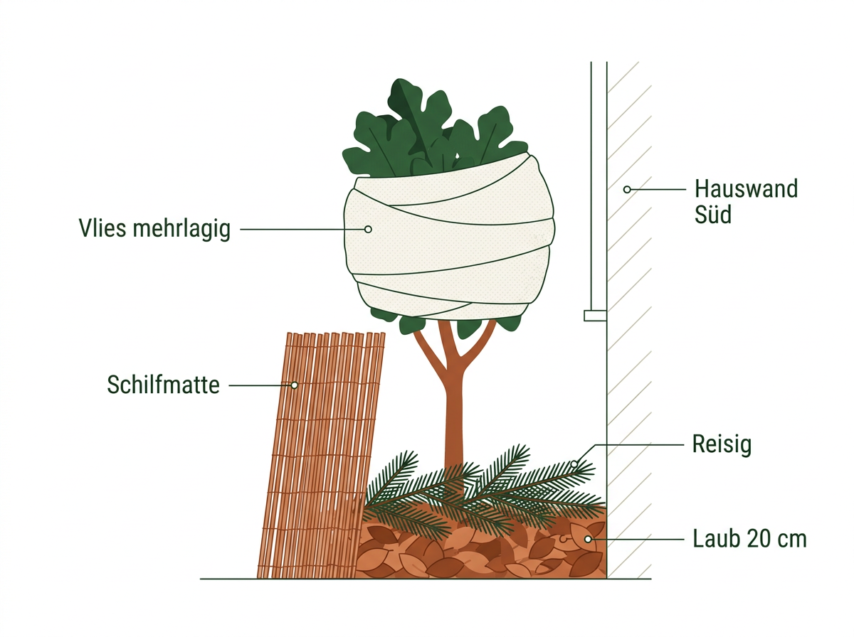 So wird eine junge Freilandfeige eingepackt: dicker Mulch am Boden, Vlies an der Krone, Schilfmatte gegen Wind und Wintersonne.