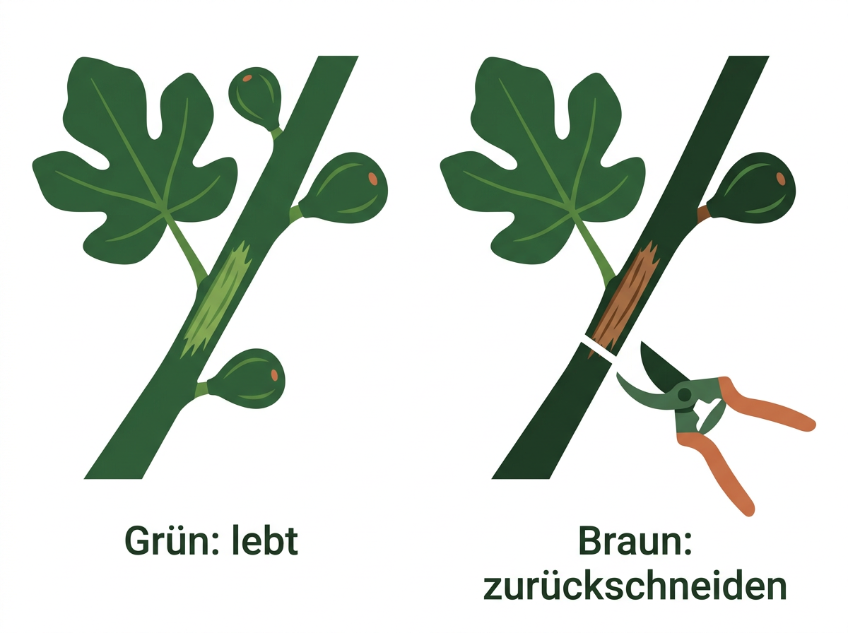Frostschäden prüfen: Rinde leicht ankratzen, grünes Gewebe lebt, braunes Holz wird bis ins Gesunde zurückgeschnitten.