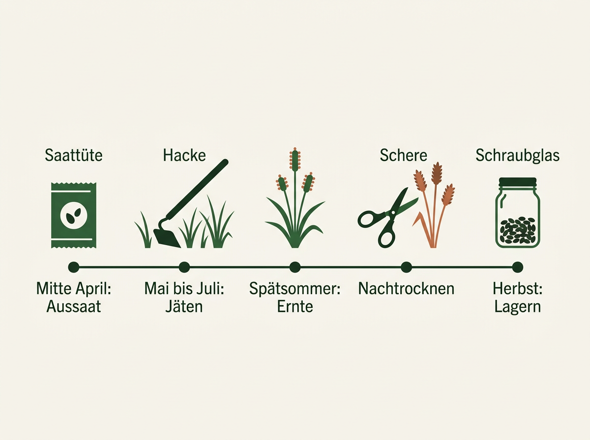 Der Ablauf über die Saison: von der Direktsaat im April bis zum Schraubglas im Herbst.