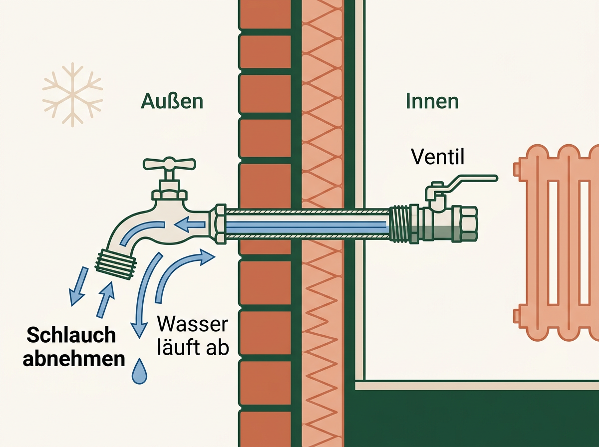 Beim frostsicheren Außenhahn liegt das Ventil im warmen Teil der Wand. Das funktioniert nur ohne angeschlossenen Schlauch.