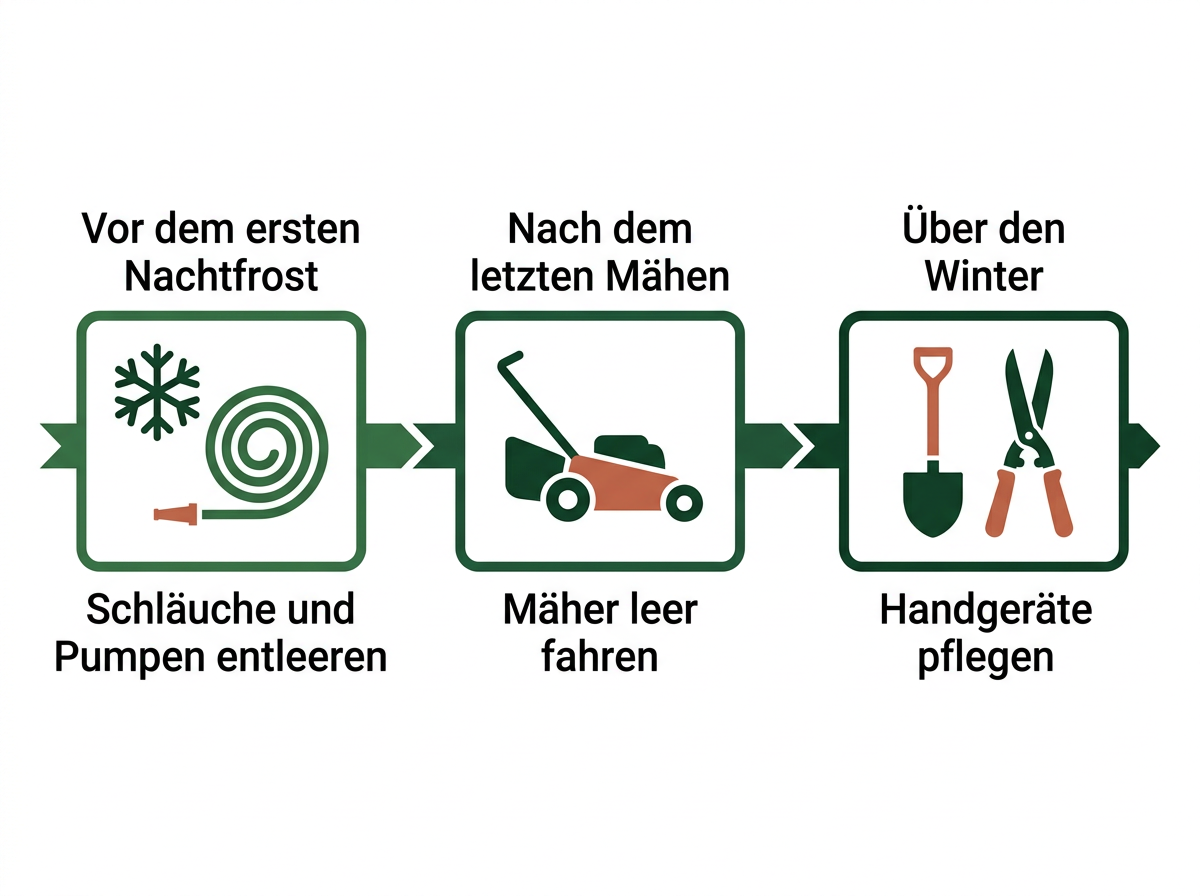 Die Reihenfolge richtet sich nach dem Frostrisiko: erst wasserführende Geräte, dann Motorgeräte, zuletzt Handwerkzeug.