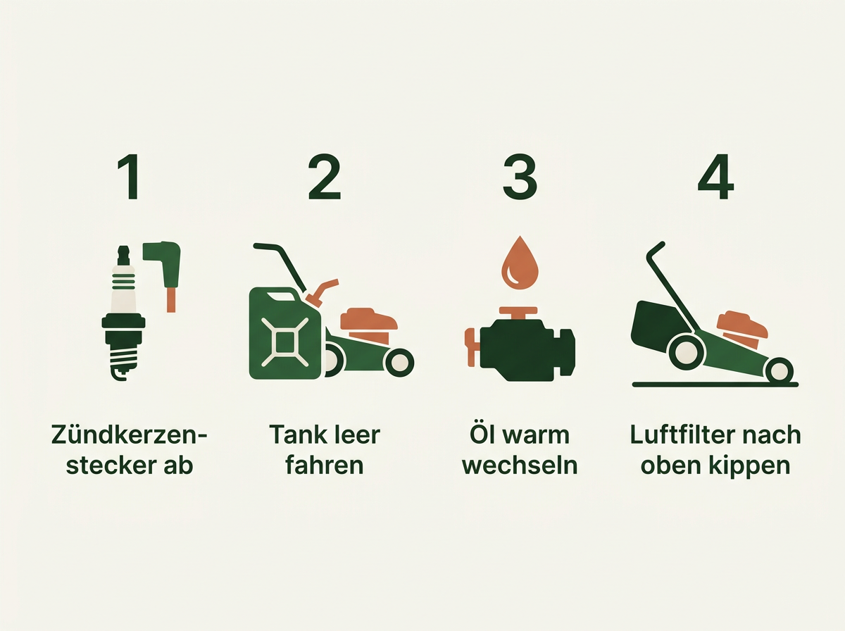 Vier Schritte, bevor der Benzinmäher in die Winterpause geht.