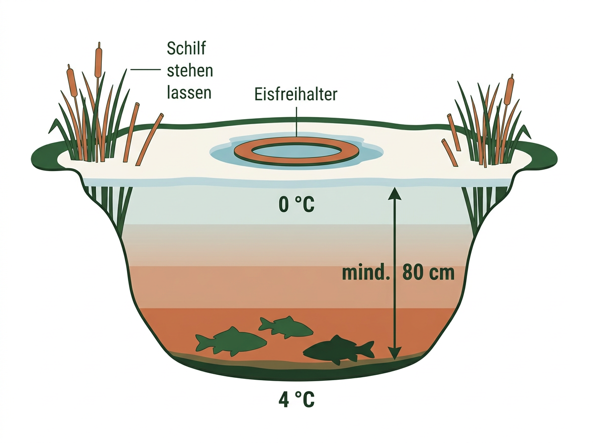 Am Grund eines ausreichend tiefen Teichs bleibt das Wasser auch unter dem Eis bei rund 4 Grad.