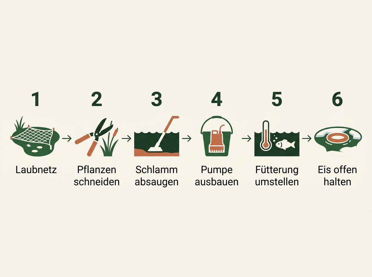 Die sechs Schritte zum winterfesten Gartenteich in der empfohlenen Reihenfolge.