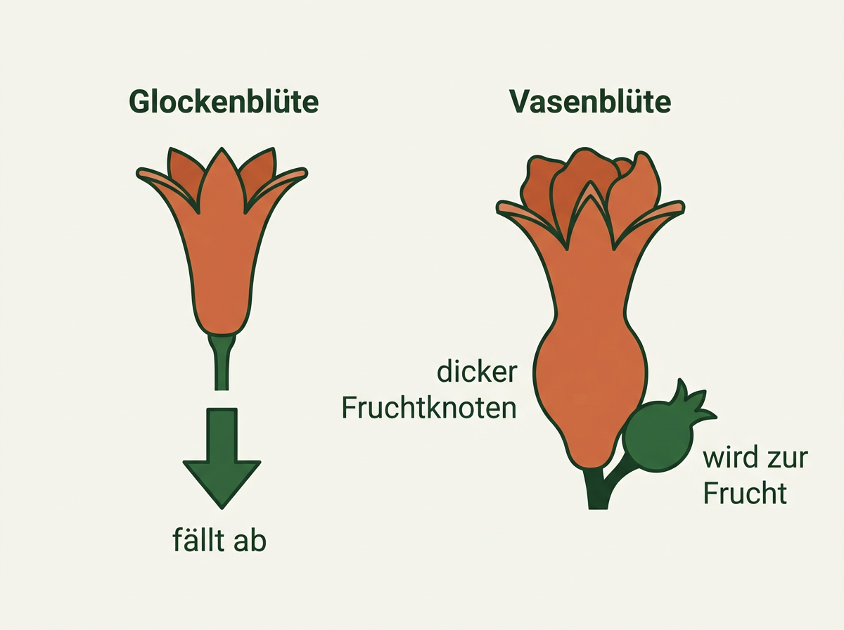 Nur die vasenförmigen Blüten mit dickem Fruchtknoten setzen Früchte an, die glockenförmigen fallen ab.
