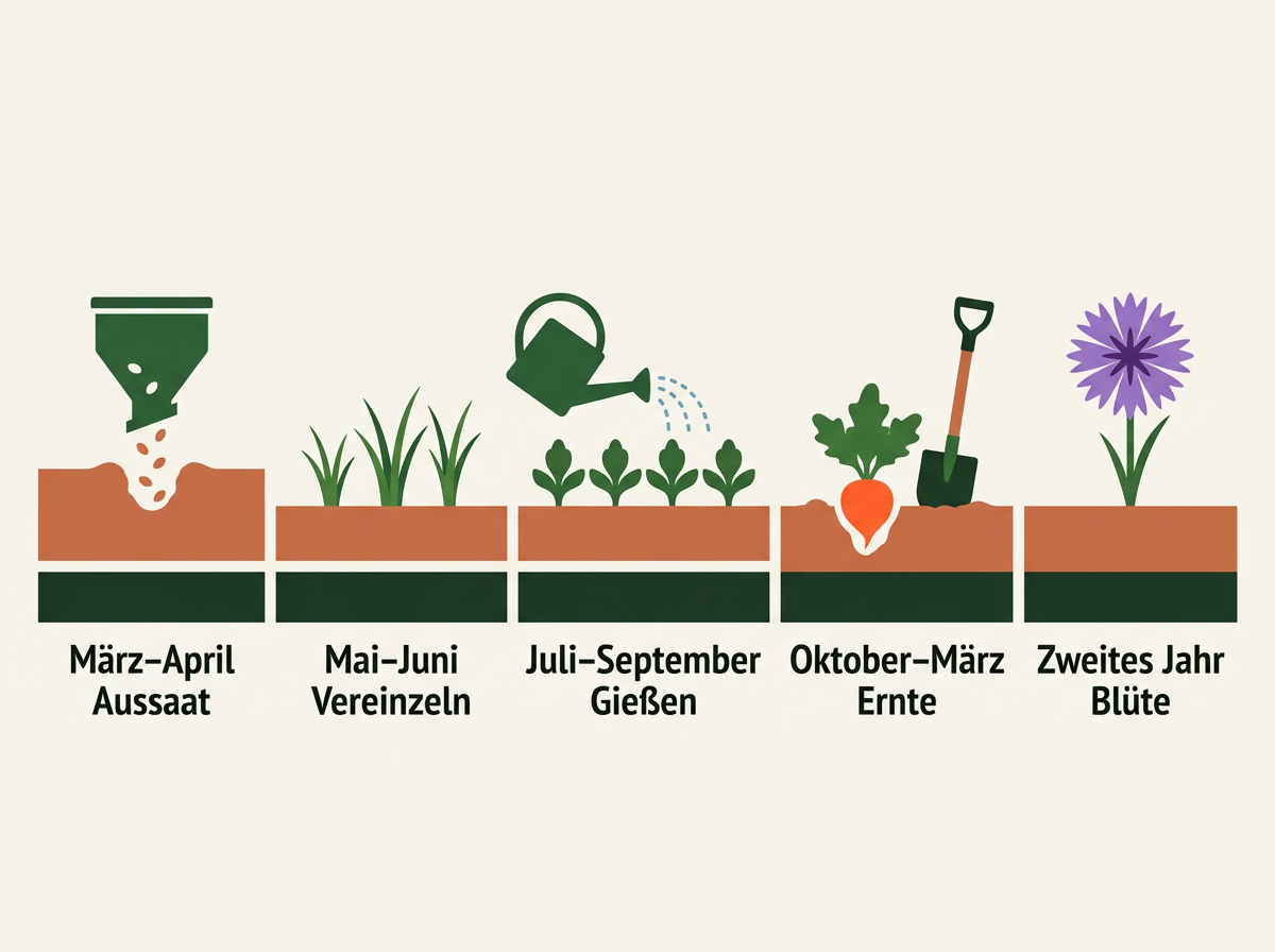 Anbaukalender für Haferwurzel von der Aussaat bis zur Blüte im zweiten Jahr