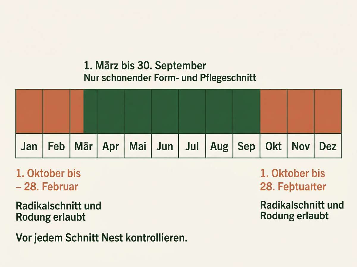 Zeitachse: Bis 30. September ist nur der Formschnitt zulässig, ab 1. Oktober auch das Auf-den-Stock-Setzen.