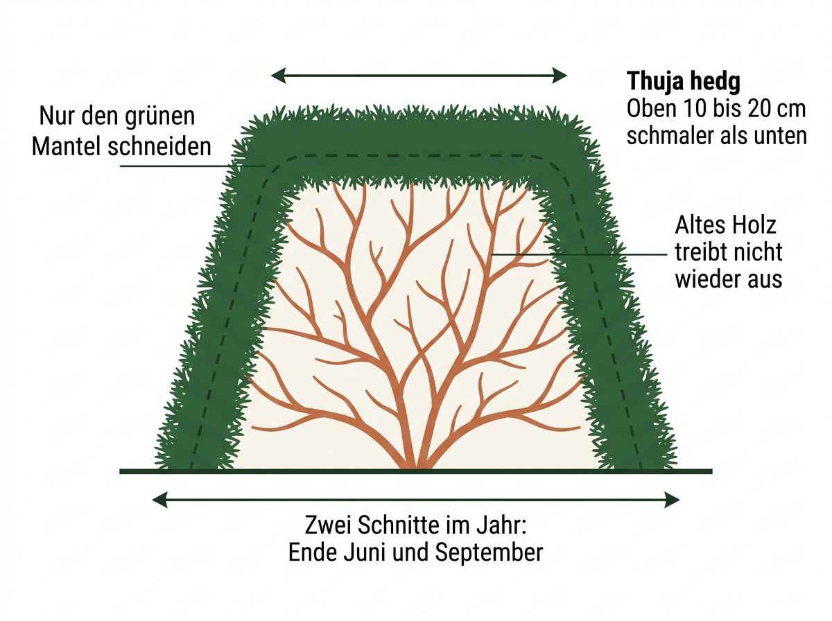 Schnittschema für Thuja: Die Schere bleibt im grünen Bereich, die Hecke läuft nach oben schmaler zu.