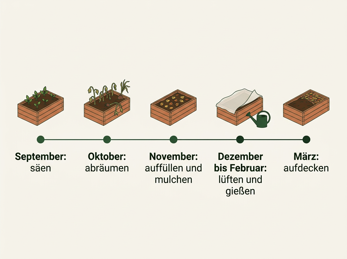 Der Ablauf über den Winter: vom Säen im September bis zum Aufdecken im März.
