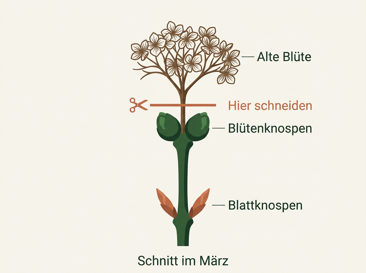 Bei der Bauernhortensie wird die alte Blüte direkt über dem ersten kräftigen Knospenpaar abgeschnitten.