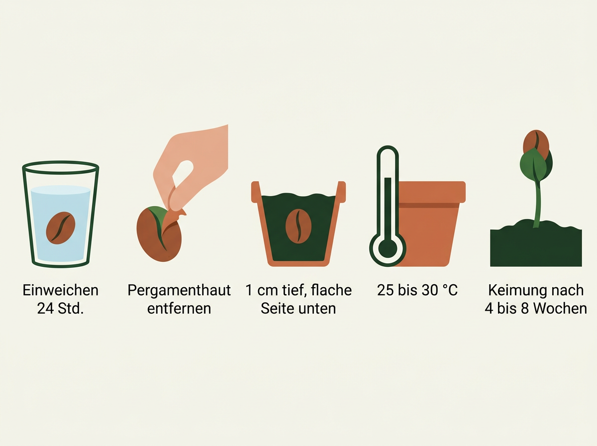 Aussaat von Kaffee: Einweichen, Haut entfernen, flach legen und warm halten