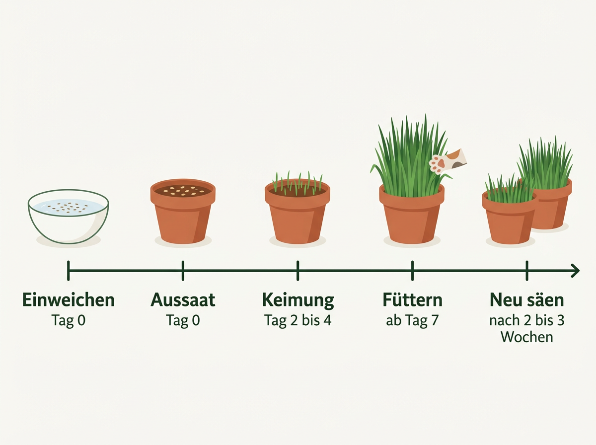 Vom Einweichen bis zum nächsten Topf: der Ablauf beim Katzengras