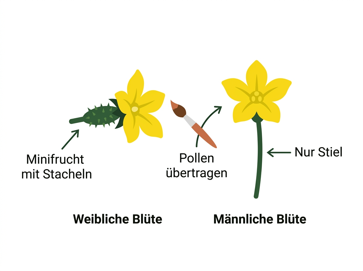 Weibliche Kiwano-Blüten tragen eine stachelige Minifrucht, männliche sitzen auf einem einfachen Stiel