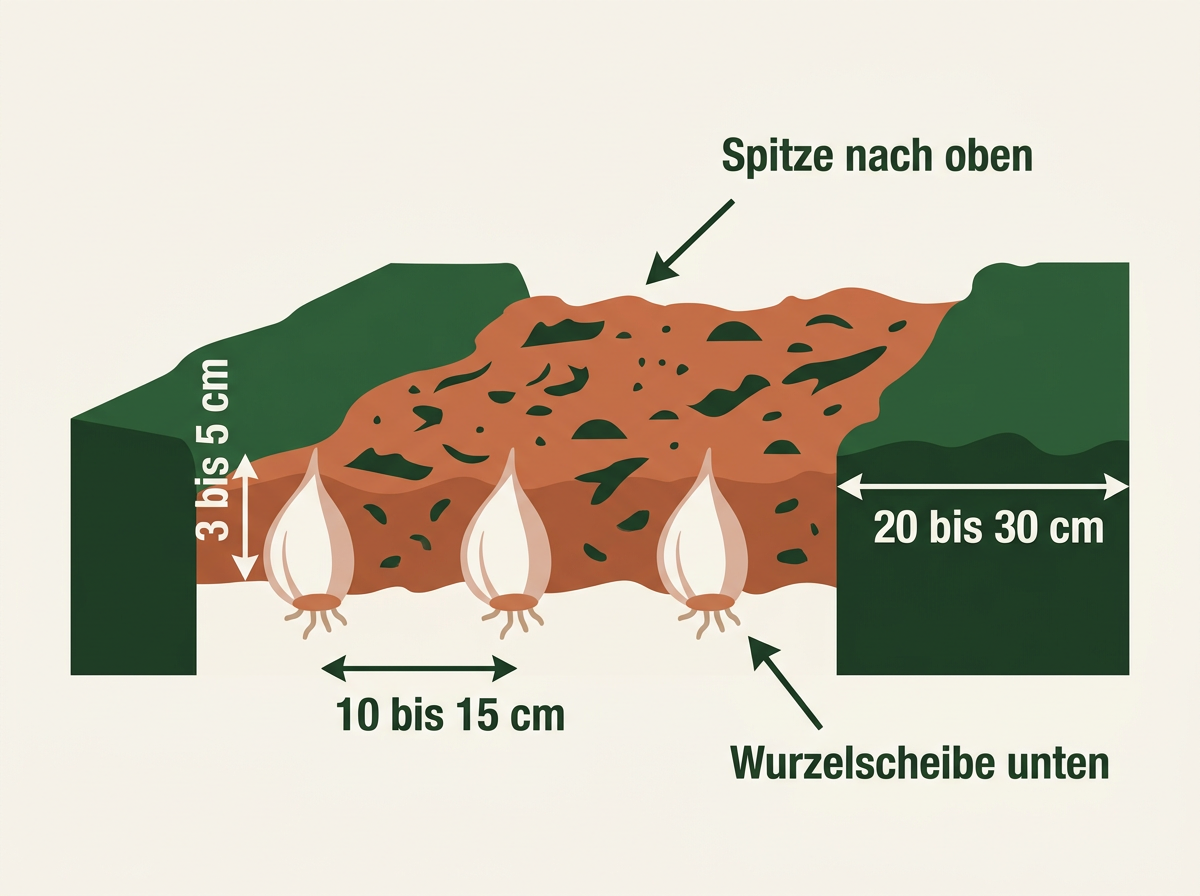 Pflanztiefe und Abstände für Knoblauchzehen im Herbstbeet.