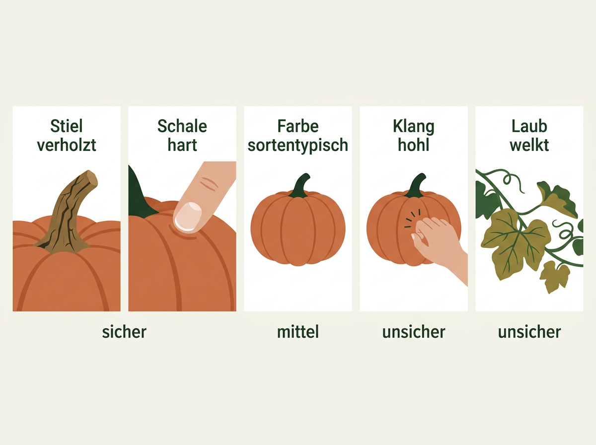 Stiel und Schale sind die verlässlichsten Reifezeichen, Klopfprobe und Laub nur Zusatzhinweise.