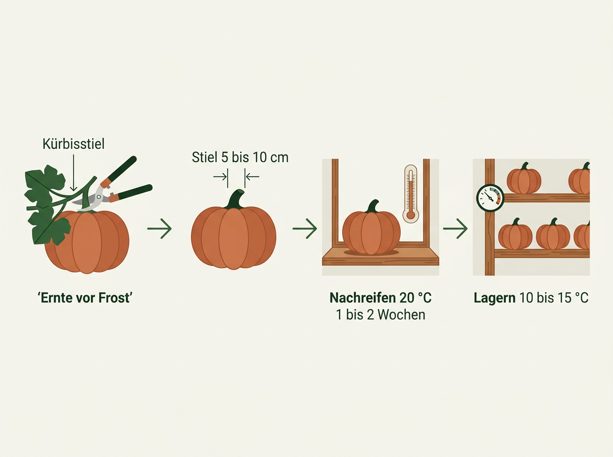 Von der Ernte ins Lager: Stielrest lassen, warm nachreifen, dann kühl und trocken lagern.