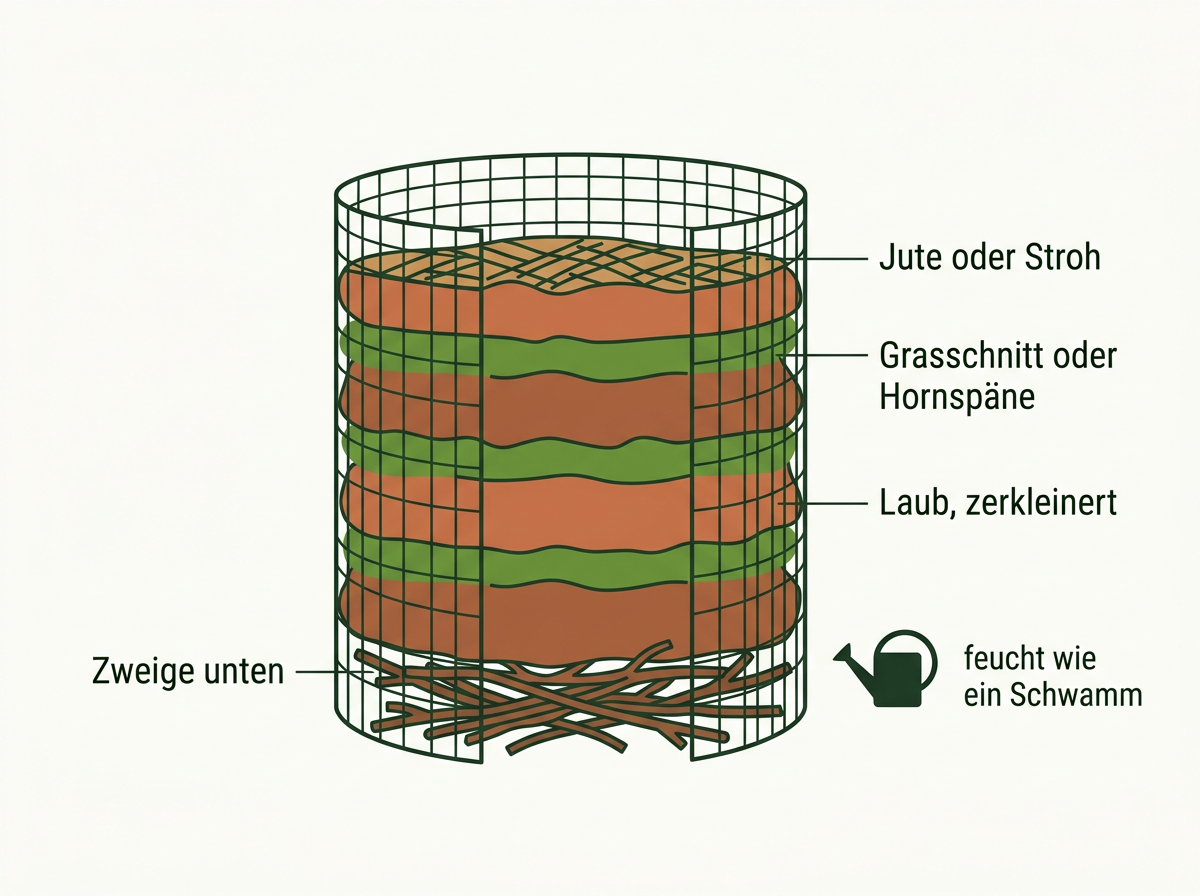 Aufbau eines Laubkomposts: grobe Zweige unten, zerkleinertes Laub und Stickstoffmaterial im Wechsel, oben eine luftdurchlässige Abdeckung.
