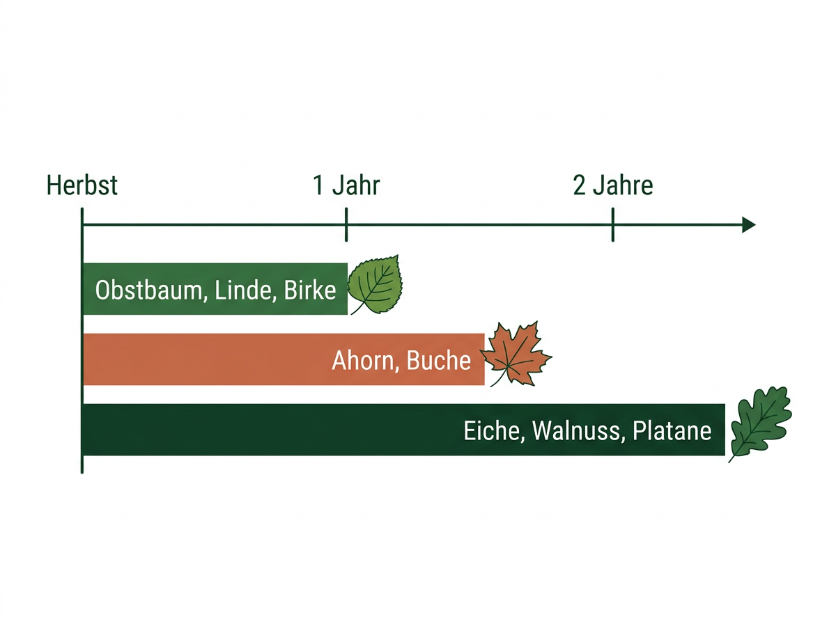 Ungefähre Verrottungsdauer von reinem Laubkompost nach Baumart; zerkleinertes und gut befeuchtetes Laub verrottet schneller.