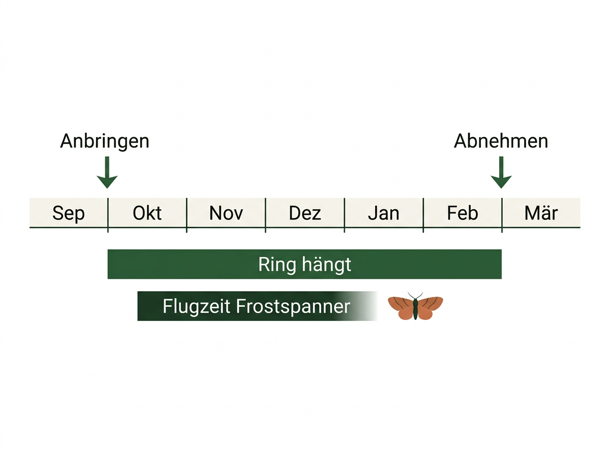 Der Leimring hängt von Ende September bis Ende Februar und deckt damit die gesamte Flugzeit des Frostspanners ab.