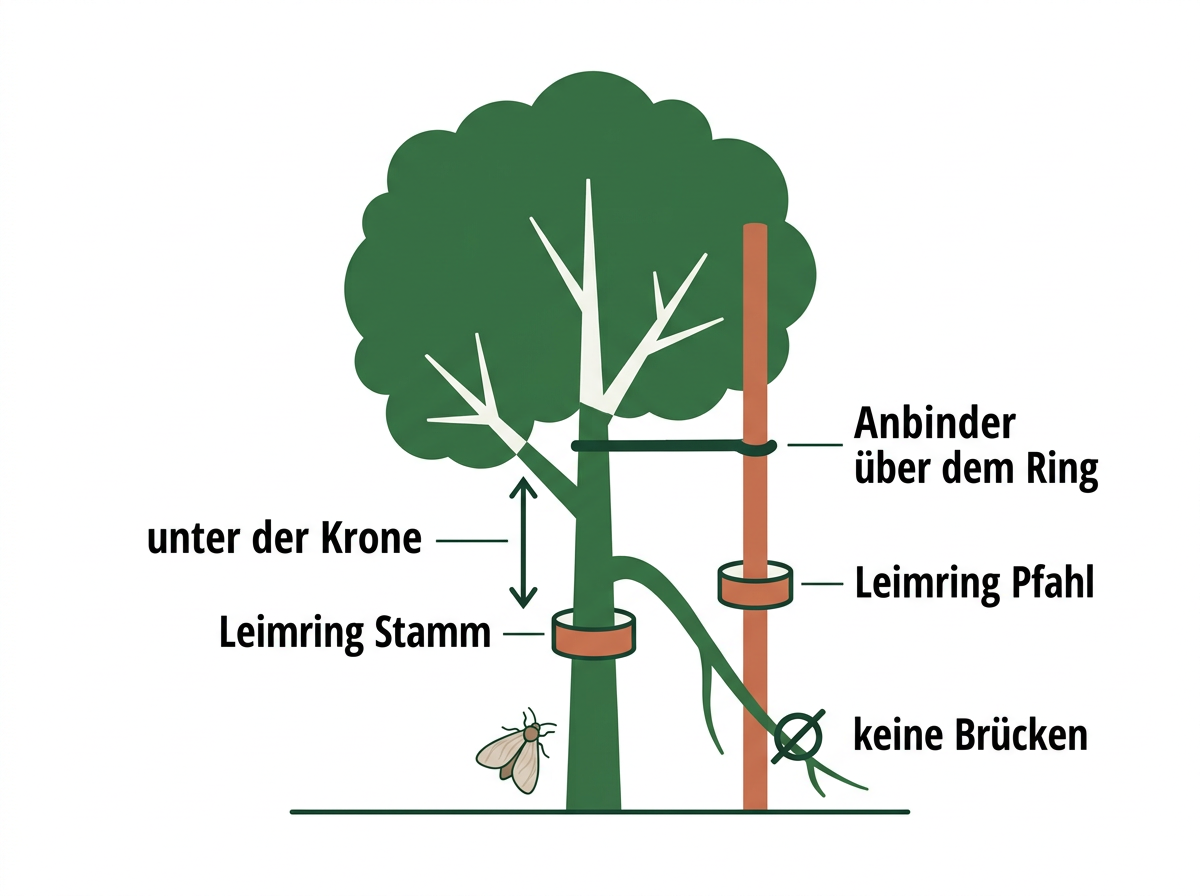 Stamm und Stützpfahl brauchen jeweils einen eigenen Leimring, der Anbinder liegt darüber, und kein Ast darf den Boden berühren.