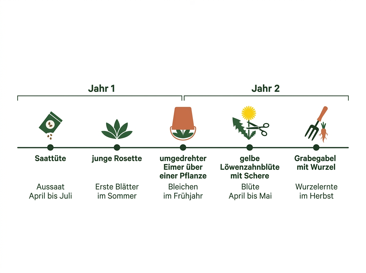 Vom Säen bis zur Wurzelernte: Die Haupternte bei Löwenzahn fällt ins zweite Jahr.