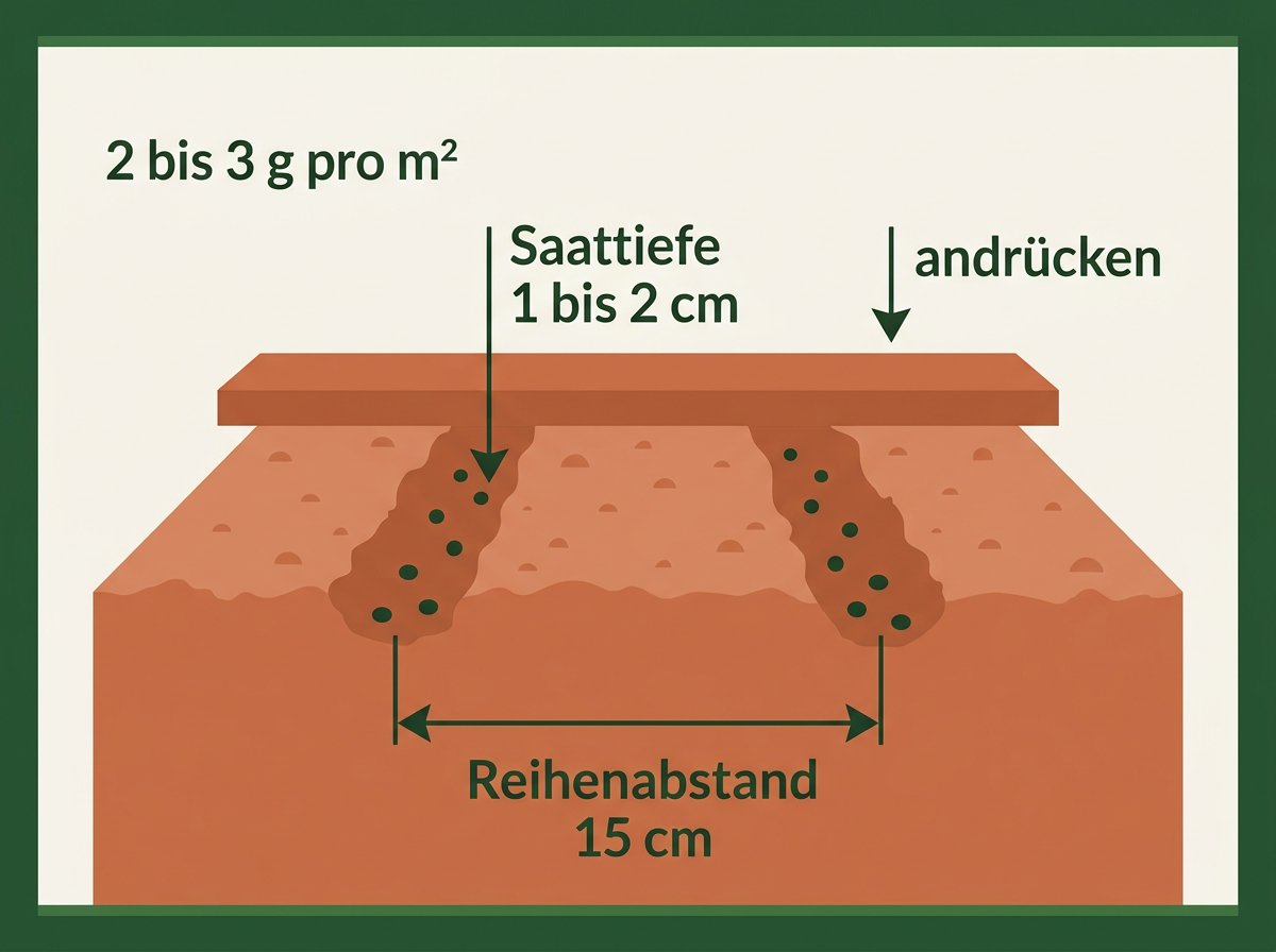 Luzerne flach säen und andrücken: 1 bis 2 cm tief, etwa 2 bis 3 g Saatgut je Quadratmeter.