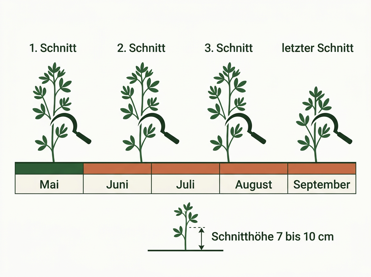 Ab dem zweiten Jahr wird Luzerne drei- bis viermal gemäht, der letzte Schnitt erfolgt mit Abstand zum ersten Frost.