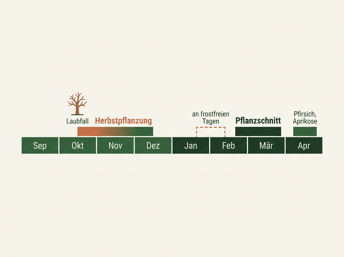 Pflanzfenster für Obstbäume: Herbstpflanzung nach dem Laubfall, Pflanzschnitt im Spätwinter, empfindliche Arten im Frühjahr.