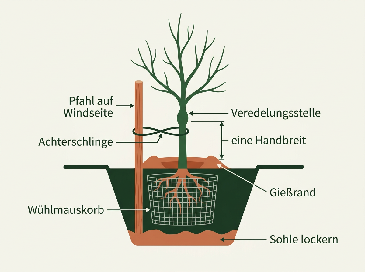 So sitzt ein Obstbaum richtig im Pflanzloch: Veredelungsstelle über der Erde, Pfahl auf der Windseite, Wurzeln im Drahtkorb.