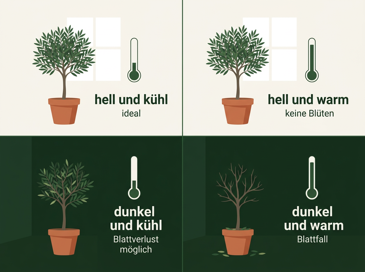 Licht und Temperatur müssen zusammenpassen: Je wärmer das Winterquartier, desto mehr Licht braucht der Olivenbaum.