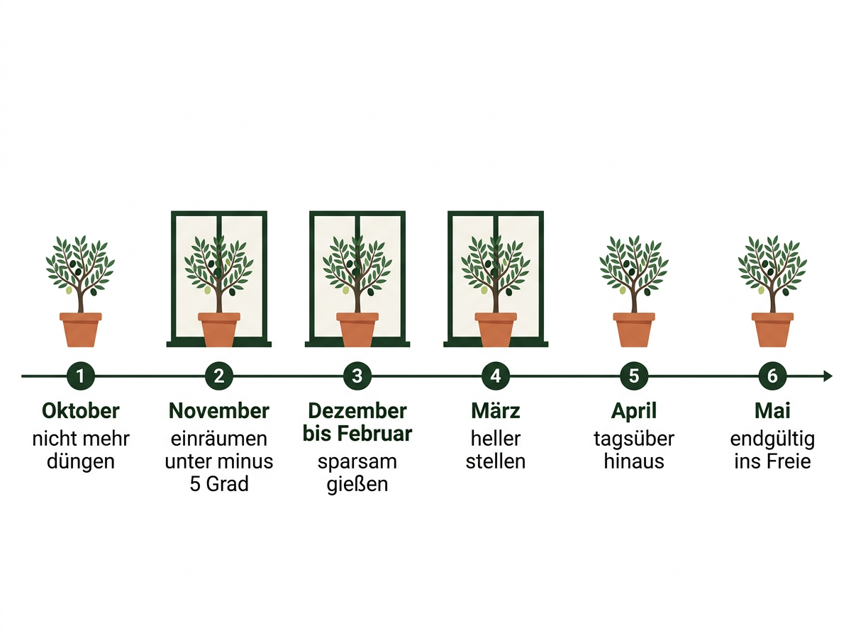 Der Winterfahrplan für den Olivenbaum im Topf, vom Ende der Düngung bis zum endgültigen Ausräumen.