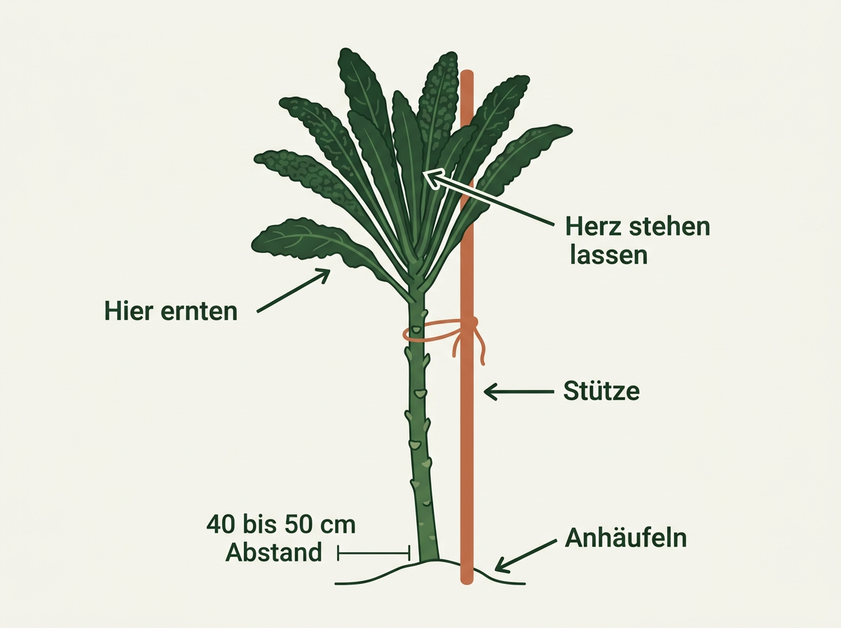 Geerntet wird von unten nach oben, das Herz bleibt stehen, damit die Pflanze weiterwächst.