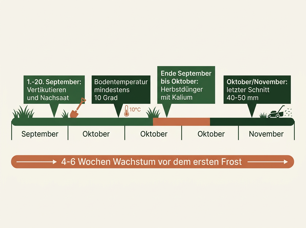 Zeitachse: Wann im Herbst welcher Arbeitsschritt am Rasen ansteht.