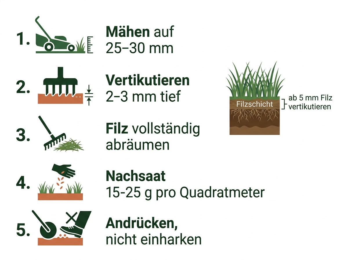 Arbeitsschritte mit Mengen- und Tiefenangaben für das Vertikutieren mit Nachsaat.