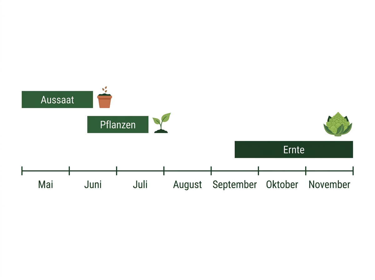 Zeitplan für Romanesco als Herbstkultur: säen im Mai, pflanzen bis Mitte Juli, ernten ab September.