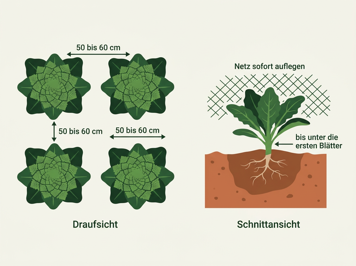 Pflanzabstand und Pflanztiefe: 50 bis 60 Zentimeter nach allen Seiten, Jungpflanzen etwas tiefer setzen.