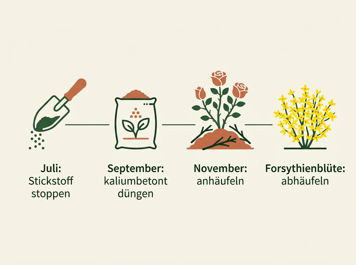 Der Jahresablauf beim Rosen-Winterschutz: Vorbereitung ab Juli, Anhäufeln im November, Abhäufeln zur Forsythienblüte.