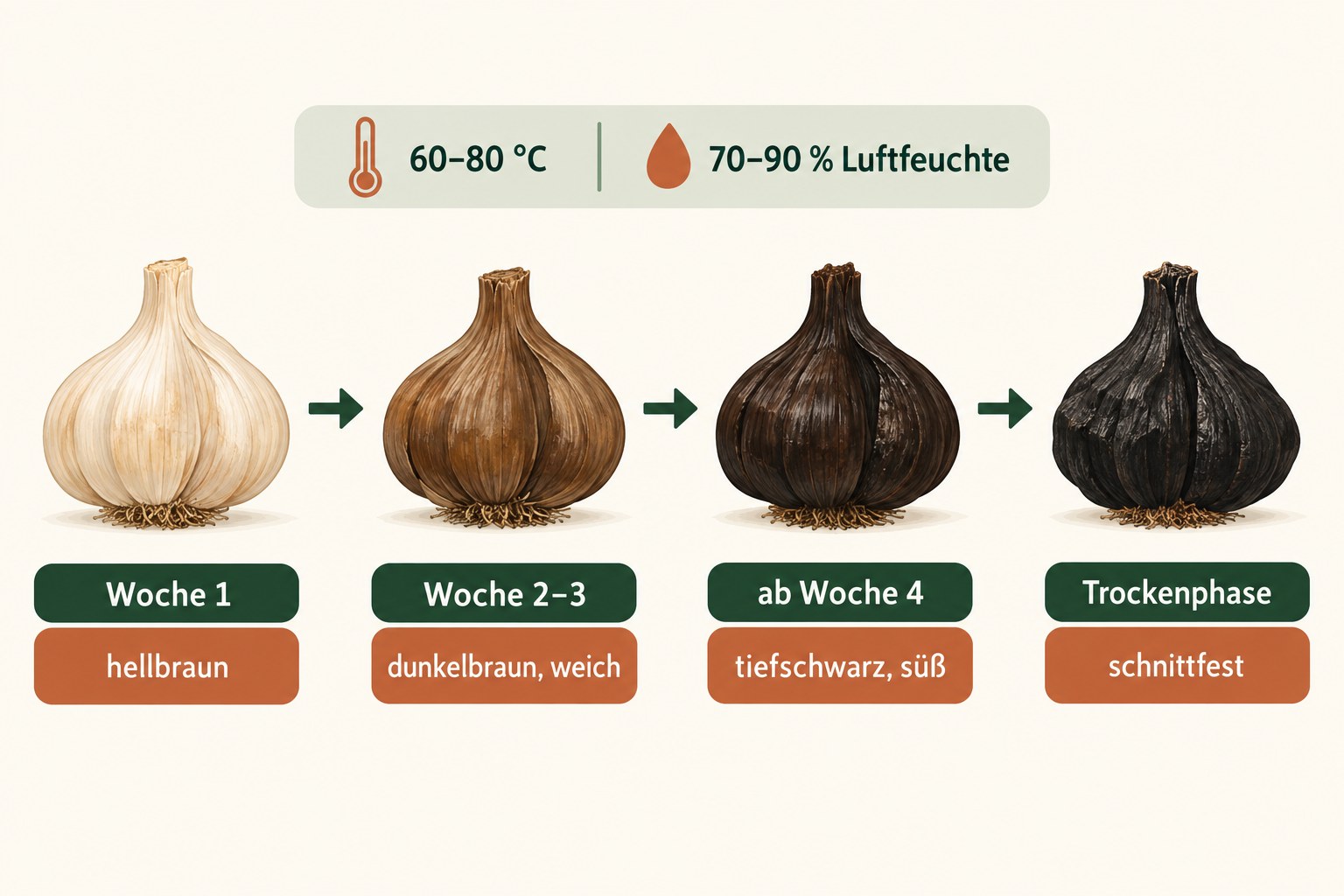 So verändert sich Knoblauch während der Reifung: von hellbraun in Woche 1 bis tiefschwarz und süß ab Woche 4, danach folgt die Trockenphase. Infografik: AI generiert.
