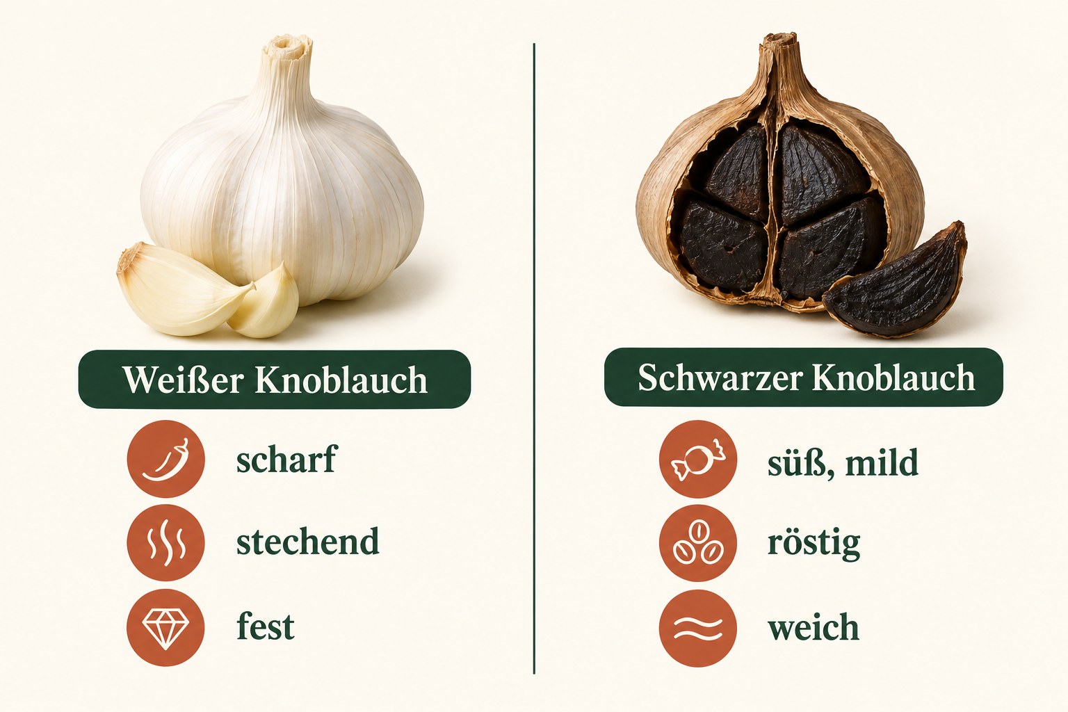 Weißer und schwarzer Knoblauch im Vergleich: scharf, stechend und fest gegenüber süß, mild, röstig und weich. Infografik: AI generiert.