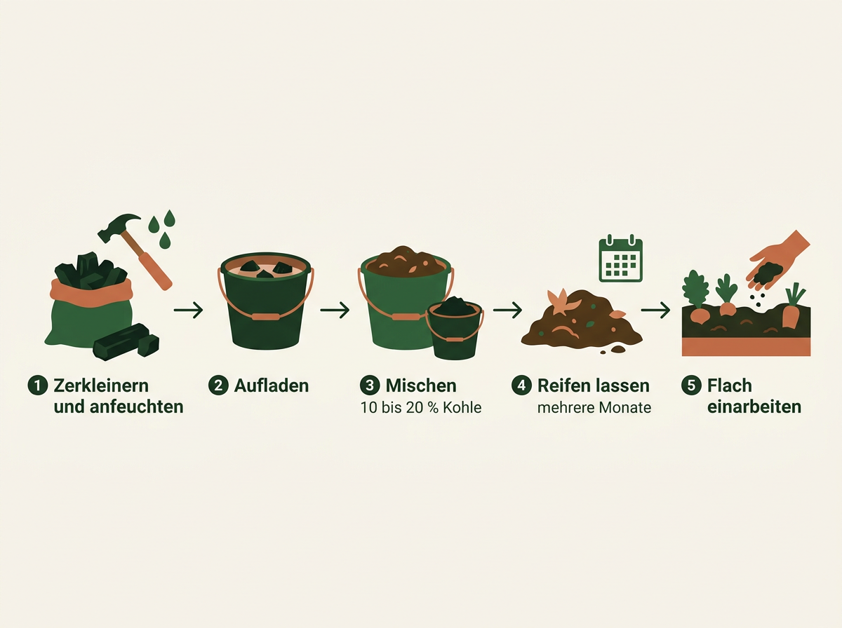 Der Ablauf vom Zerkleinern der Kohle bis zum Einarbeiten ins Beet.
