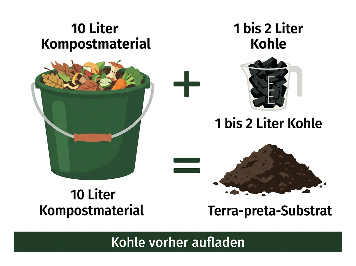 Mischverhältnis aus der Praxis: ein bis zwei Liter aufgeladene Kohle auf zehn Liter Kompostmaterial.