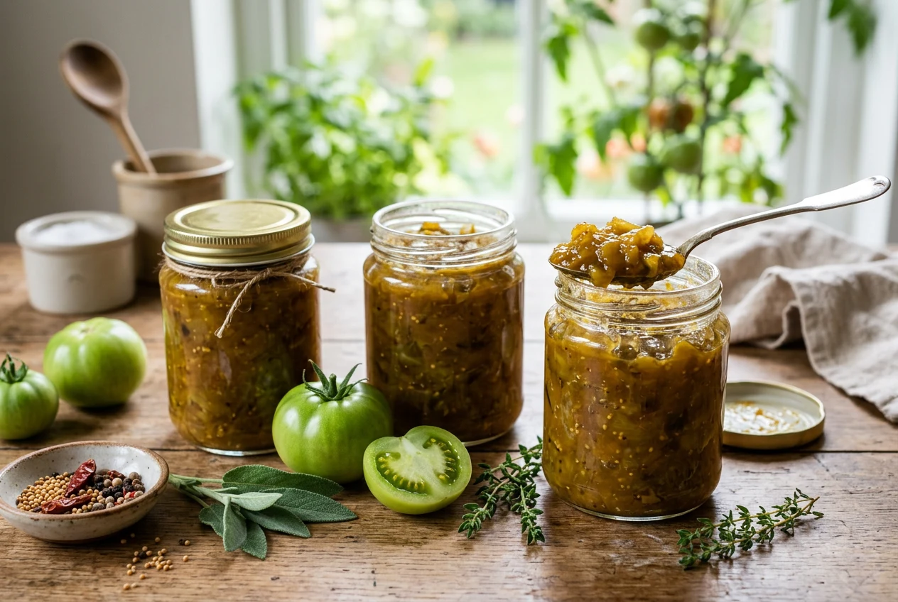 Chutney aus grünen Tomaten in Einmachgläsern. Bild: AI generiert.