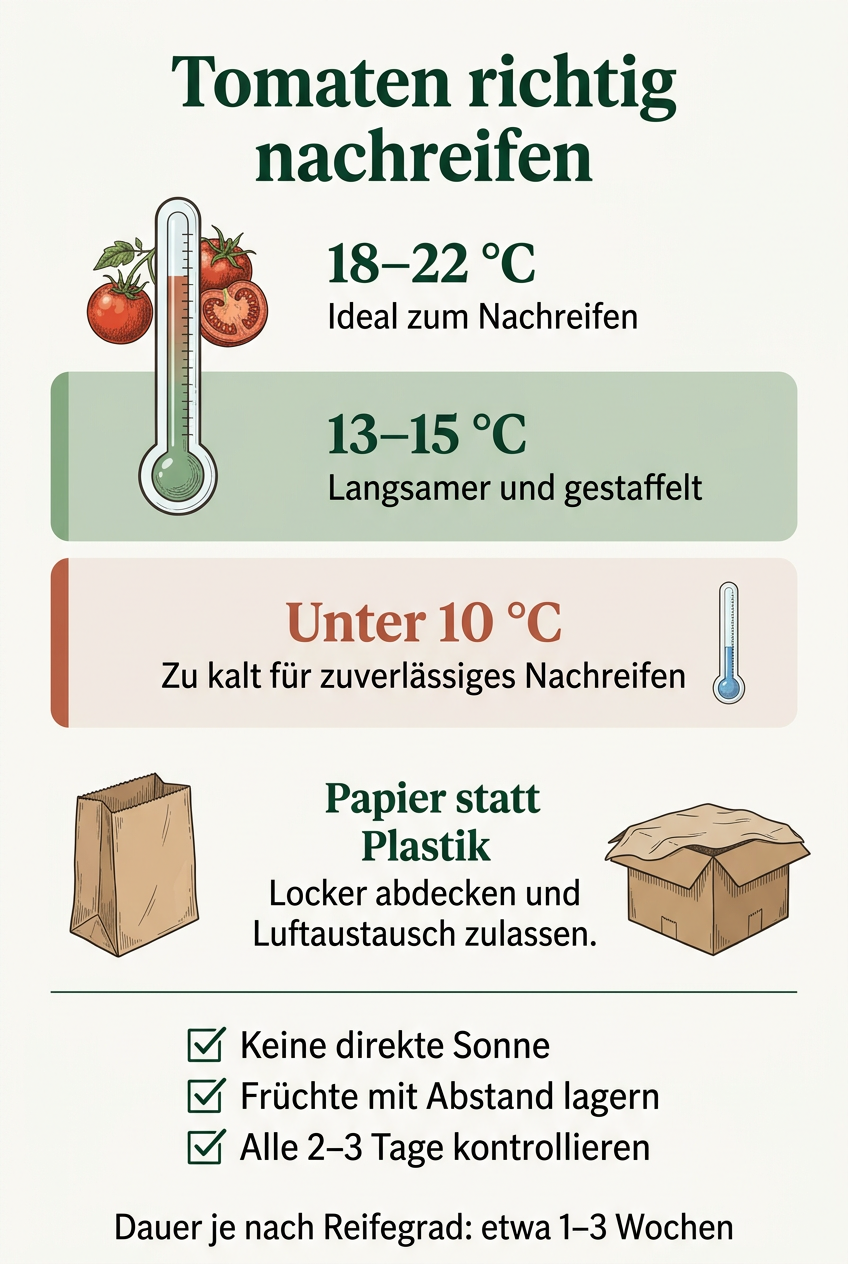 Die passenden Bedingungen zum Nachreifen: 18–22 °C, Papier statt Plastik, keine direkte Sonne und Kontrolle alle 2–3 Tage. Infografik: AI generiert.