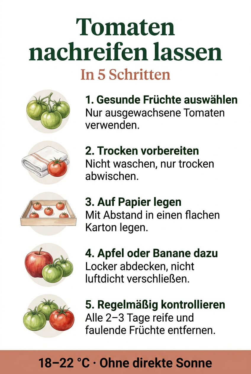 Tomaten nachreifen lassen in fünf Schritten: gesunde Früchte auswählen, trocken vorbereiten, auf Papier legen, Apfel oder Banane dazugeben und regelmäßig kontrollieren. Infografik: AI generiert.